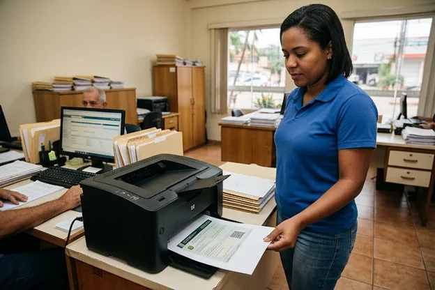 Atendimento em despachante efetuando impressão do CRLV-e.