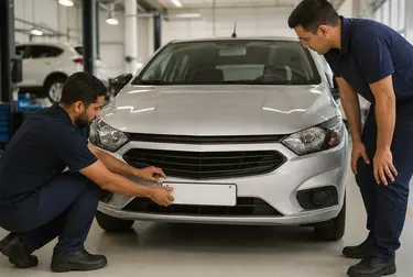 Despachante ajudando cliente com documentação para o primeiro emplacamento do veículo.