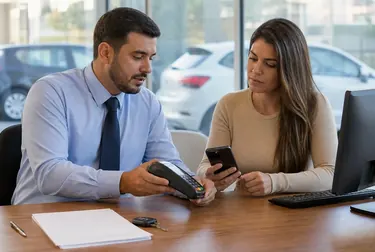 Despachante analisando débitos de veículo junto ao cliente.