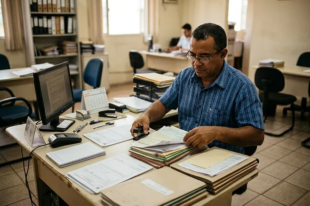 Despachante organizando documentos para emplacamento de veículos.