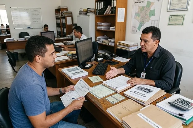 Despachante orientando cliente sobre a transferência de veículo.